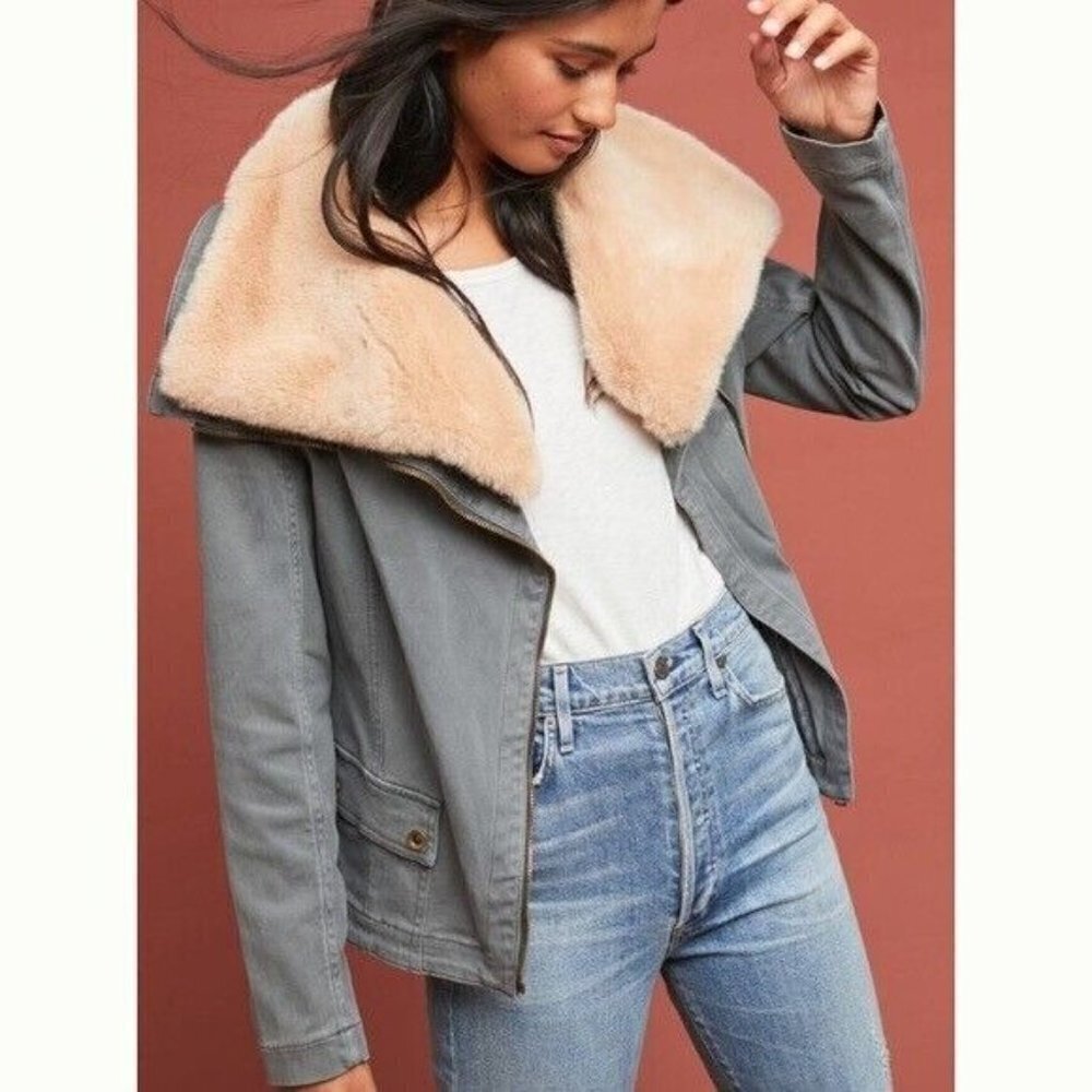 Anthroplogie Marrakech Faux Fur Collar Aviator Moto Jacket Coat Gray - Picture 13 of 14